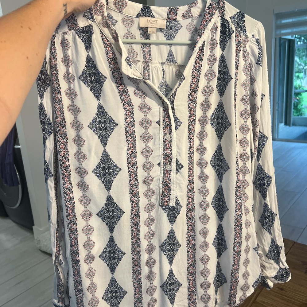 LOFT Navy and White Geometric Blouse